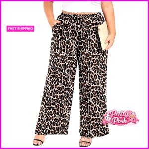 Plus Size Wide Leg Palazzo Pants High Waist Elastic Pleated Casual Trousers